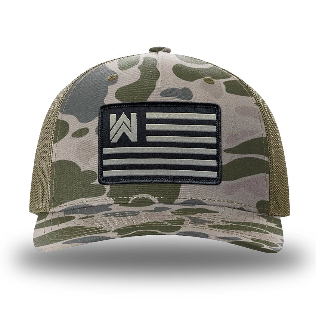 Marsh Duck Camo/Loden two-tone WeWorkin hat—Richardson 112PFP snapback, 5-panel trucker, mesh-back style. We Workin Flag rectangular patch is centered on the front panel.