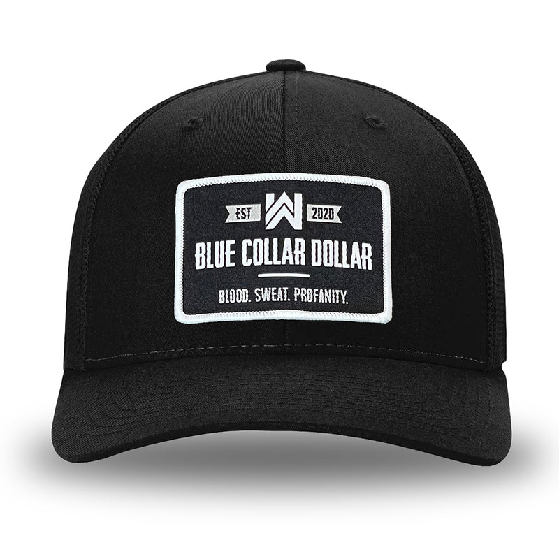 All Black Flex Fit style WeWorkin hat—Woven front with Poly mesh sides and back, Richardson 110 brand (R-Flex trucker). WeWorkin "Blue Collar Dollar" rectangular woven patch is centered on the front.