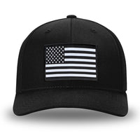 All Black Flex Fit style WeWorkin hat—Woven front with Poly mesh sides and back, Richardson 110 brand (R-Flex trucker). WeWorkin "American Flag" rectangular patch is centered on the front panels.