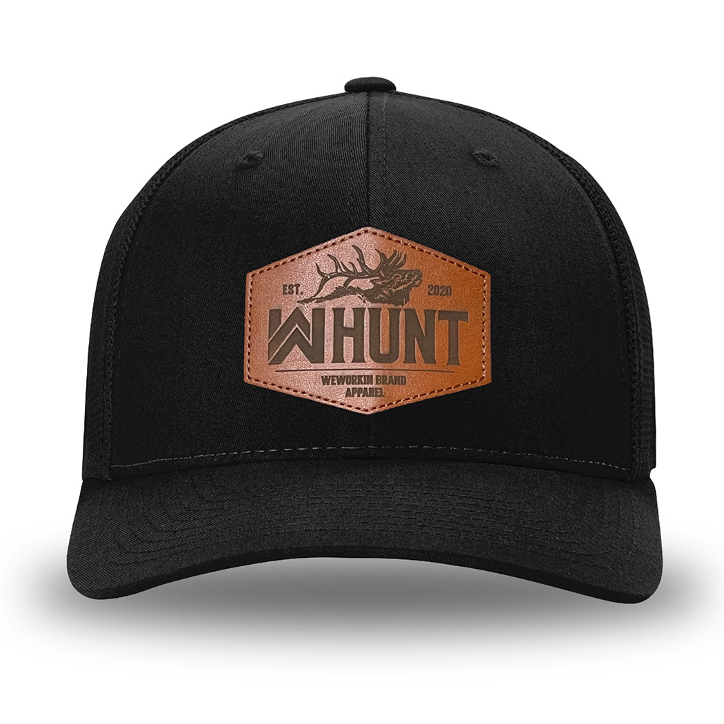 All Black Flex Fit style WeWorkin hat—Woven front with Poly mesh sides and back, Richardson 110 brand (R-Flex trucker). WeWorkin "WW HUNT" etched leather patch with stitched border is centered on the front panels.