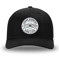 All Black Flex Fit style WeWorkin hat—Woven front with Poly mesh sides and back, Richardson 110 brand (R-Flex trucker). WeWorkin "Hard Workin. Hard Livin. Proud American." circular silicone patch is centered on the front panels.