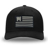 All Black Flex Fit style WeWorkin hat—Woven front with Poly mesh sides and back, Richardson 110 brand (R-Flex trucker). We Workin Flag rectangular patch is centered on the front panels.