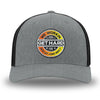 Heather Grey/Black Flex Fit style WeWorkin hat—Woven front with Poly mesh sides and back, Richardson 110 brand (R-Flex trucker). WE WORKIN custom GET HARD patch made of thermoplastic, lightweight, durable material is centered on the front panels in orange to yellow fade and black colors.
