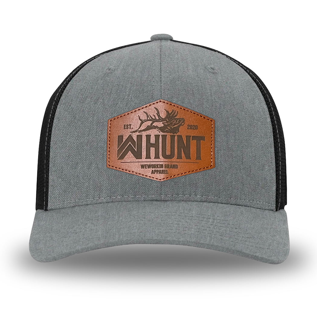 Heather Grey/Black Flex Fit style WeWorkin hat—Woven front with Poly mesh sides and back, Richardson 110 brand (R-Flex trucker). WeWorkin "WW HUNT" etched leather patch with stitched border is centered on the front panels.
