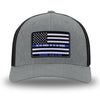 Heather Grey/Black Flex Fit style WeWorkin hat—Woven front with Poly mesh sides and back, Richardson 110 brand (R-Flex trucker). LEO FLAG woven patch with black merrowed edge is centered on the front panels.