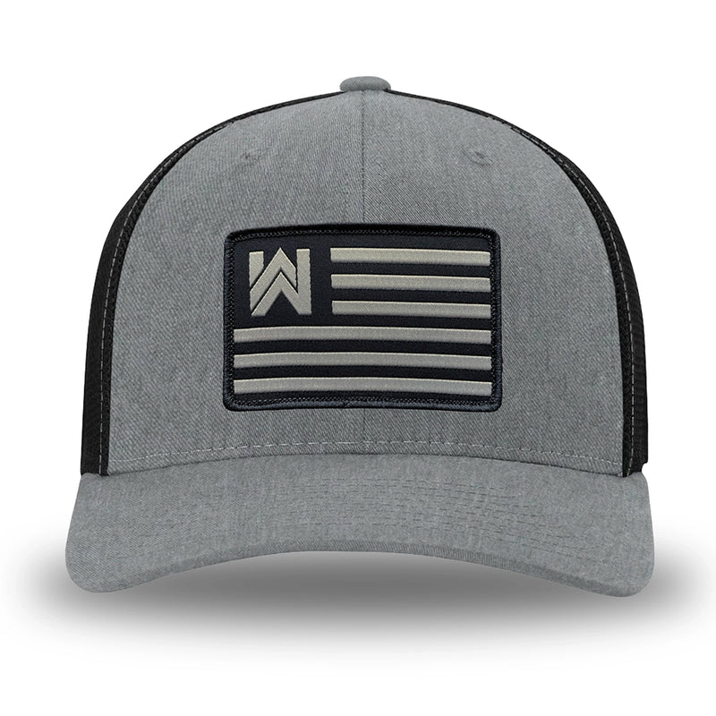 Heather Grey/Black Flex Fit style WeWorkin hat—Woven front with Poly mesh sides and back, Richardson 110 brand (R-Flex trucker). We Workin Flag rectangular patch is centered on the front panels.