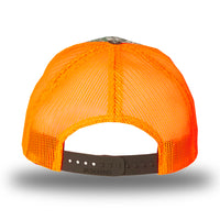 Back view of the Neon Orange and RealTree Camo two-tone WeWorkin hat—Richardson 112 brand snapback, retro trucker classic hat style. 