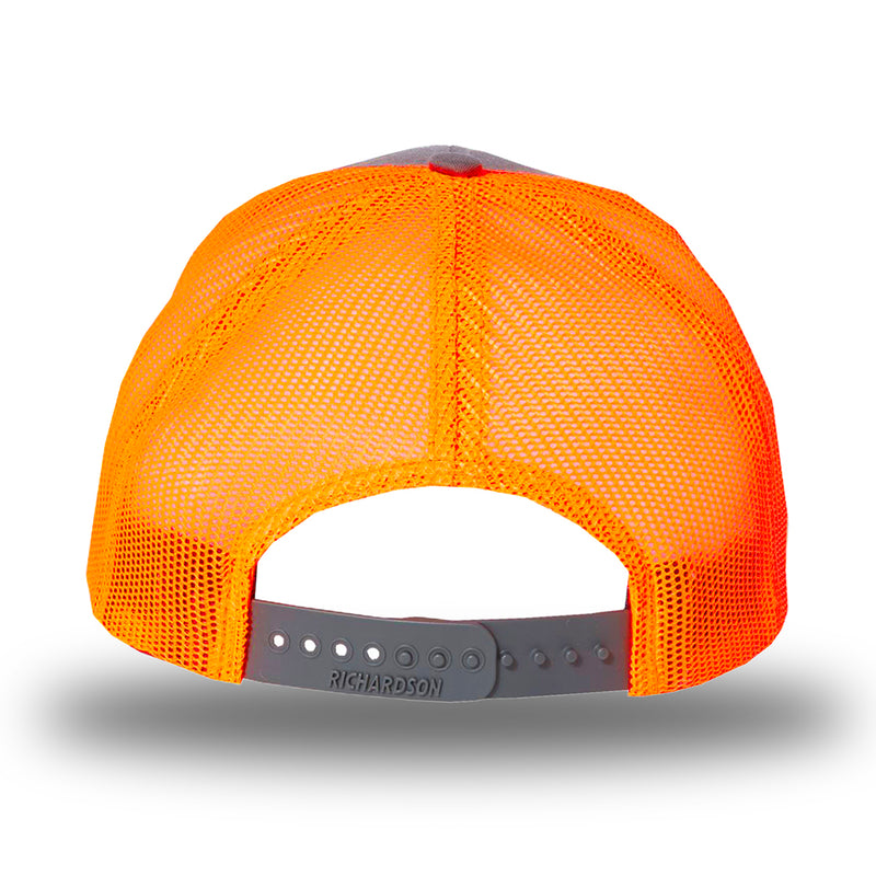 Back view of the Neon/Safety Orange and Charcoal Grey two-tone WeWorkin hat—Richardson 112 brand snapback, retro trucker classic style.