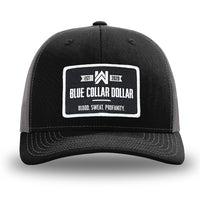 Black and Charcoal Grey two-tone WeWorkin hat—Richardson 112 brand snapback, retro trucker classic hat style. WeWorkin "Blue Collar Dollar" rectangular woven patch is centered on the front panels.