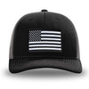 Black and Charcoal Grey two-tone WeWorkin hat—Richardson 112 brand snapback, retro trucker classic hat style. WeWorkin "American Flag" rectangular patch is centered on the front panels.