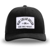 Solid Black WeWorkin hat—Richardson 112 brand snapback, retro trucker classic hat style. BLUE COLLAR DOLLAR ARCH (BCD-ARCH) woven patch with black merrowed edge, on a white background with black text, is centered on the front panels.