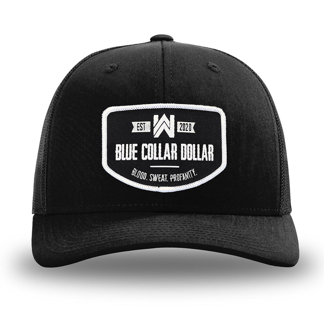 Solid Black WeWorkin hat—Richardson 112 brand snapback, retro trucker classic hat style. WeWorkin "Blue Collar Dollar" curve-bottom patch is centered large on the front panels.