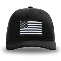 Solid Black WeWorkin hat—Richardson 112 brand snapback, retro trucker classic hat style.  AMERICAN FLAG woven patch with black merrowed edge is centered on the front panels.