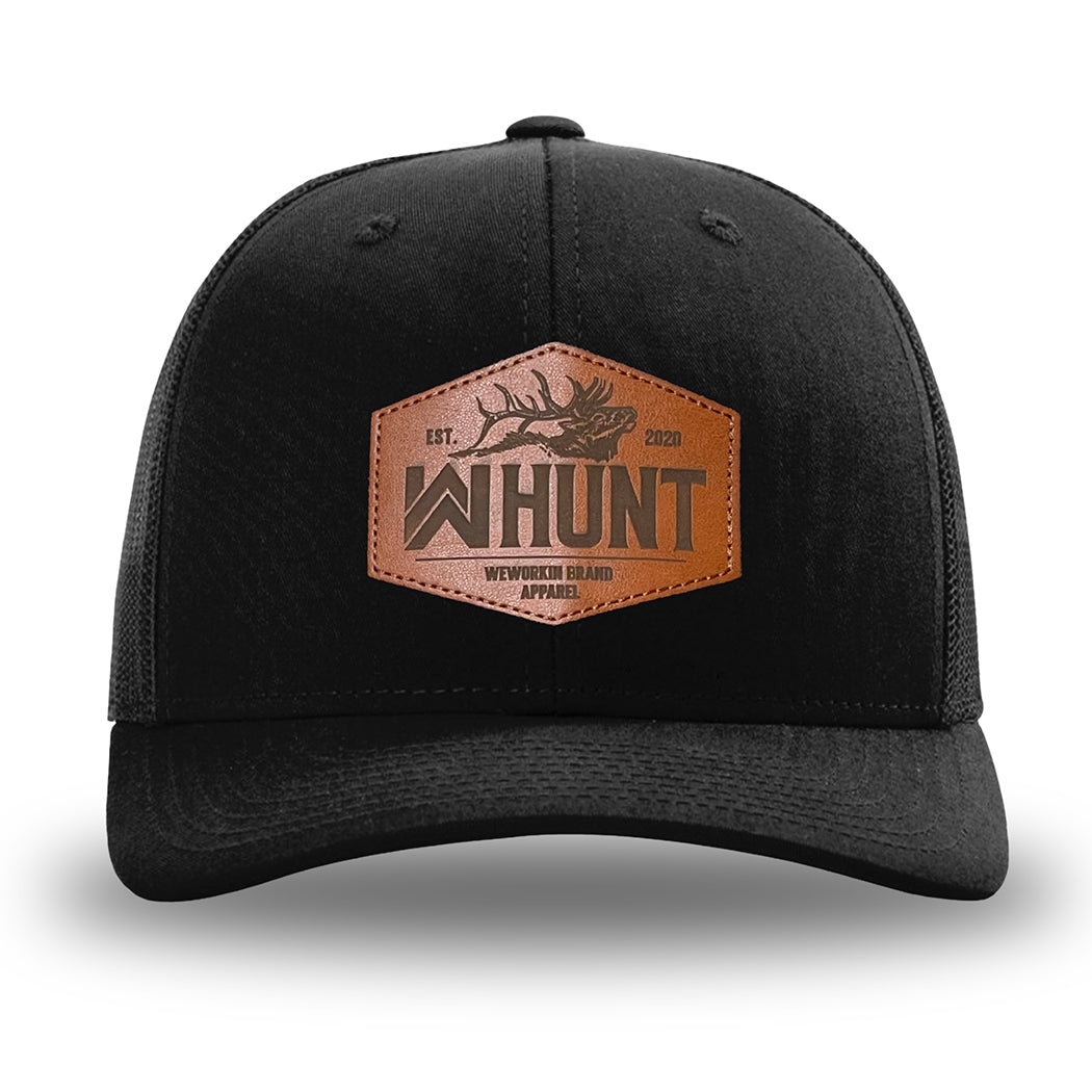 Solid Black WeWorkin hat—Richardson 112 brand snapback, retro trucker classic hat style. WeWorkin "WW HUNT" etched leather patch with stitched border is centered on the front panels.