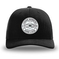 Solid Black WeWorkin hat—Richardson 112 brand snapback, retro trucker classic hat style. "HARD WORKIN. HARD LIVIN." Proud American silicone circle patch is centered on the front panels.
