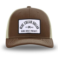 Brown/Khaki WeWorkin hat—Richardson 112 brand snapback, retro trucker classic hat style. BLUE COLLAR DOLLAR ARCH (BCD-ARCH) woven patch with black merrowed edge, on a white background with black text, is centered on the front panels.