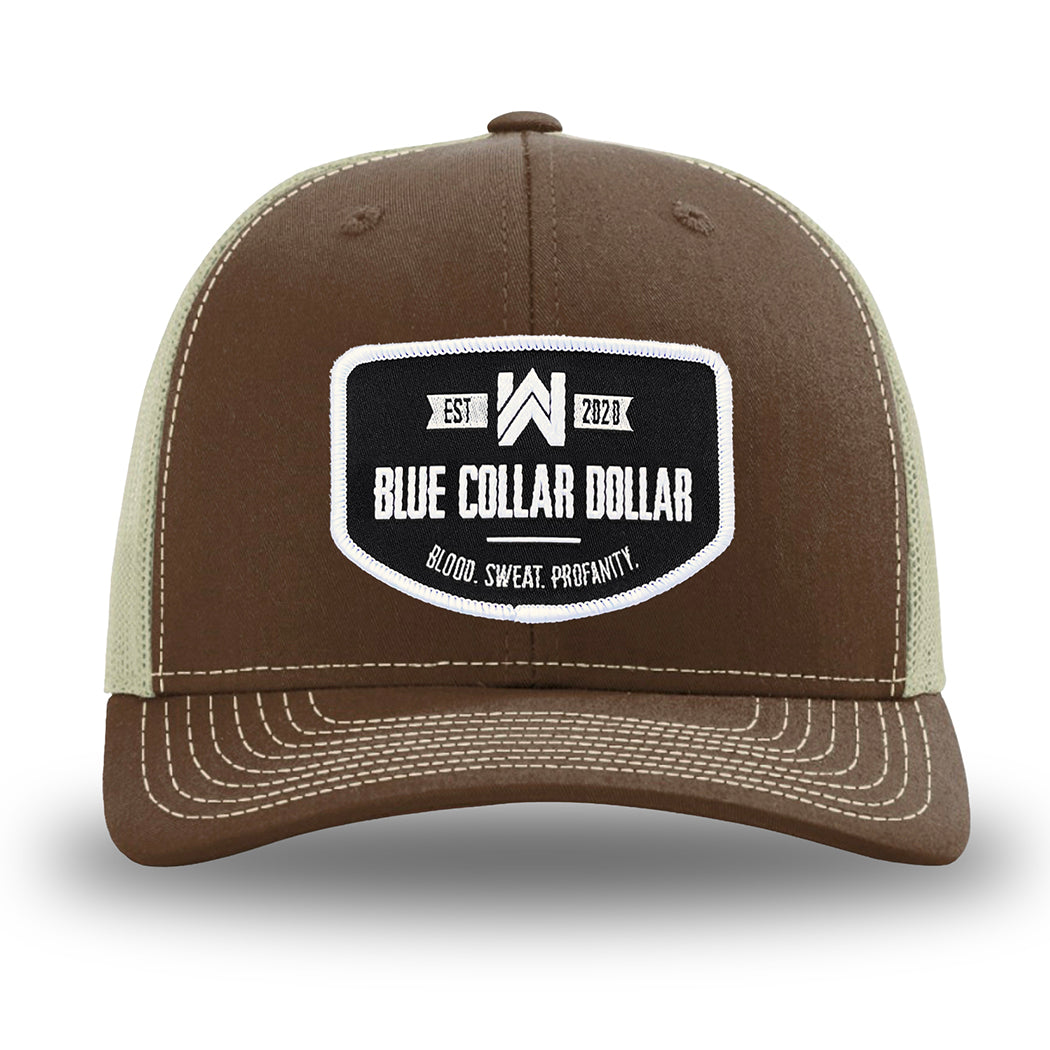Brown/Khaki WeWorkin hat—Richardson 112 brand snapback, retro trucker classic hat style. WeWorkin "Blue Collar Dollar" curve-bottom patch is centered large on the front panels.