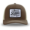 Brown/Khaki WeWorkin hat—Richardson 112 brand snapback, retro trucker classic hat style. BLUE COLLAR DOLLAR VINTAGE (BCD-V) woven patch with black merrowed edge, on a white background with black, distressed text/design, centered on the front panels.