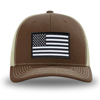Brown/Khaki WeWorkin hat—Richardson 112 brand snapback, retro trucker classic hat style. AMERICAN FLAG woven patch with black merrowed edge is centered on the front panels.