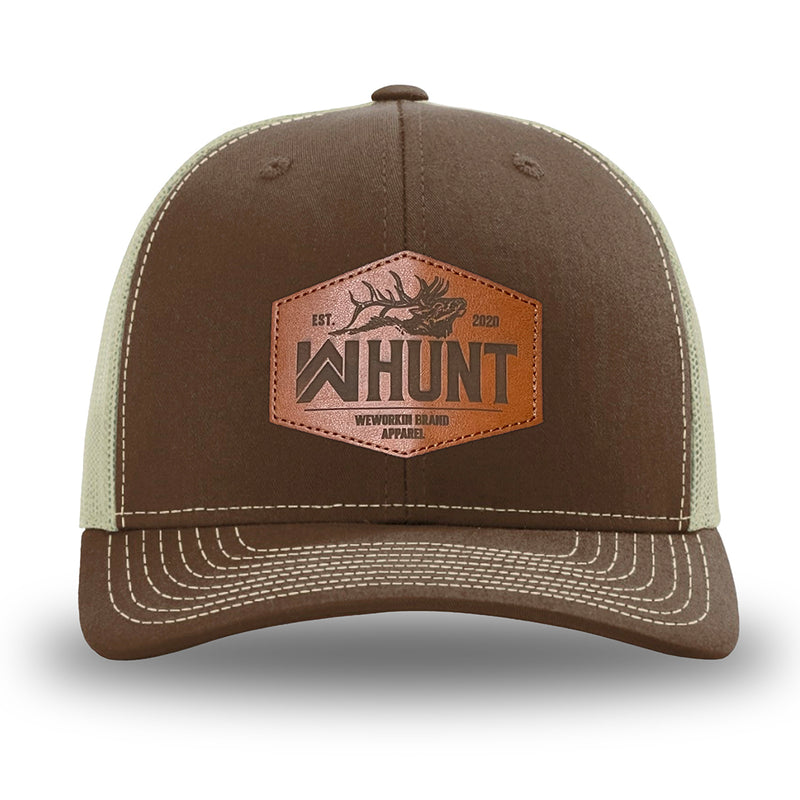 Brown/Khaki WeWorkin hat—Richardson 112 brand snapback, retro trucker classic hat style. WeWorkin "WW HUNT" etched leather patch with stitched border is centered on the front panels.