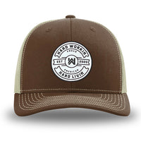 Brown/Khaki WeWorkin hat—Richardson 112 brand snapback, retro trucker classic hat style. "HARD WORKIN. HARD LIVIN." Proud American silicone circle patch is centered on the front panels.