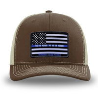 Brown/Khaki WeWorkin hat—Richardson 112 brand snapback, retro trucker classic hat style. LEO FLAG woven patch with black merrowed edge is centered on the front panels.