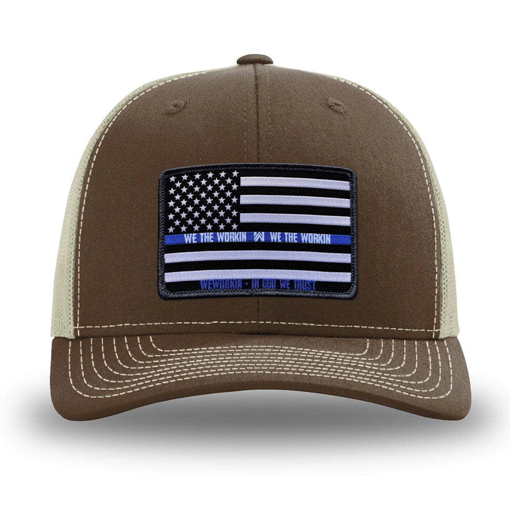 Brown/Khaki WeWorkin hat—Richardson 112 brand snapback, retro trucker classic hat style. LEO FLAG woven patch with black merrowed edge is centered on the front panels.