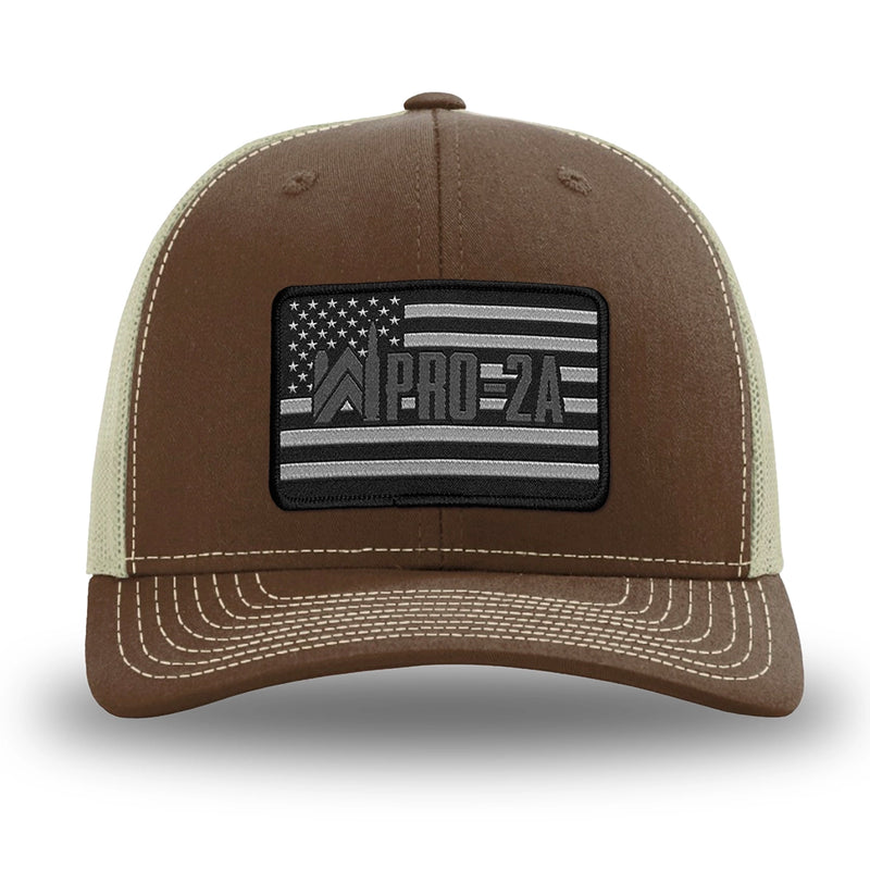 Brown/Khaki WeWorkin hat—Richardson 112 brand snapback, retro trucker classic hat style. PRO-2A woven patch with black merrowed edge is centered on the front panels.