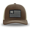 Brown/Khaki WeWorkin hat—Richardson 112 brand snapback, retro trucker classic hat style. WE WORKIN FLAG woven patch with black merrowed edge is centered on the front panels.