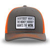 Neon/Safety Orange and Charcoal Grey two-tone WeWorkin hat—Richardson 112 brand snapback, retro trucker classic hat style. WeWorkin "Everybody Want$ the Money, Nobody Wants the WORK." [White Bkgd] rectangular woven patch is centered on the front panels.