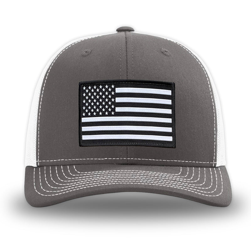 Charcoal/White WeWorkin hat—Richardson 112 brand snapback, retro trucker classic hat style. AMERICAN FLAG woven patch with black merrowed edge is centered on the front panels.
