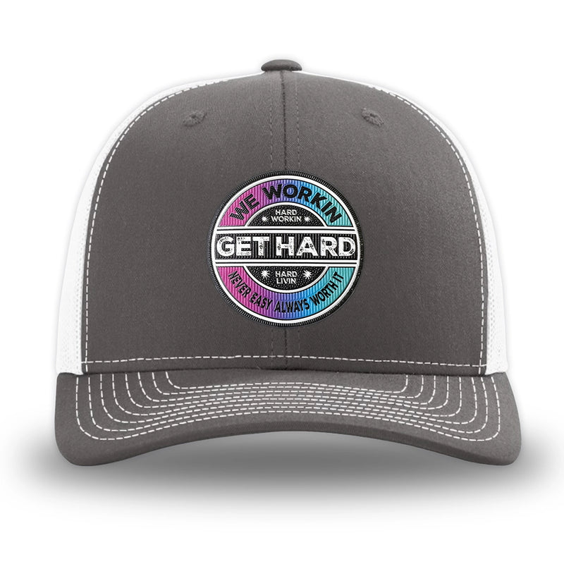 Charcoal/White WeWorkin hat—Richardson 112 brand snapback, retro trucker classic hat style. WE WORKIN custom GET HARD patch made of thermoplastic, lightweight, durable material is centered on the front panels.