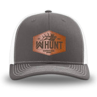 Charcoal/White WeWorkin hat—Richardson 112 brand snapback, retro trucker classic hat style. WeWorkin "WW HUNT" etched leather patch with stitched border is centered on the front panels.