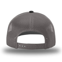 Richardson 112, Retro Trucker Classic Hat style, in black/charcol—grey mesh back panels and matching grey snapback. Black button on top.