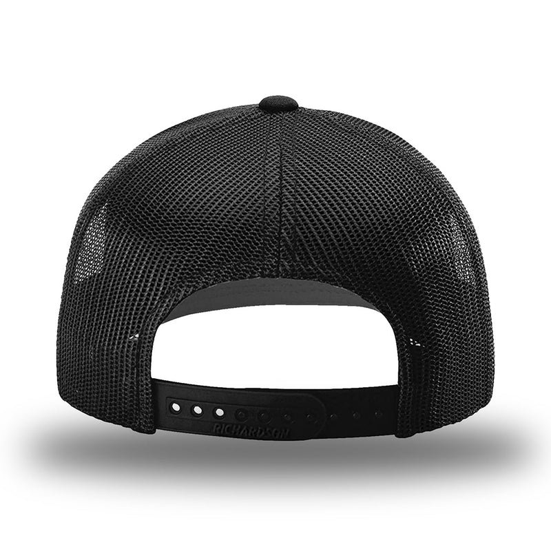 Richardson 112, Retro Trucker Classic Hat style, in all black, mesh back panels and matching black snapback.