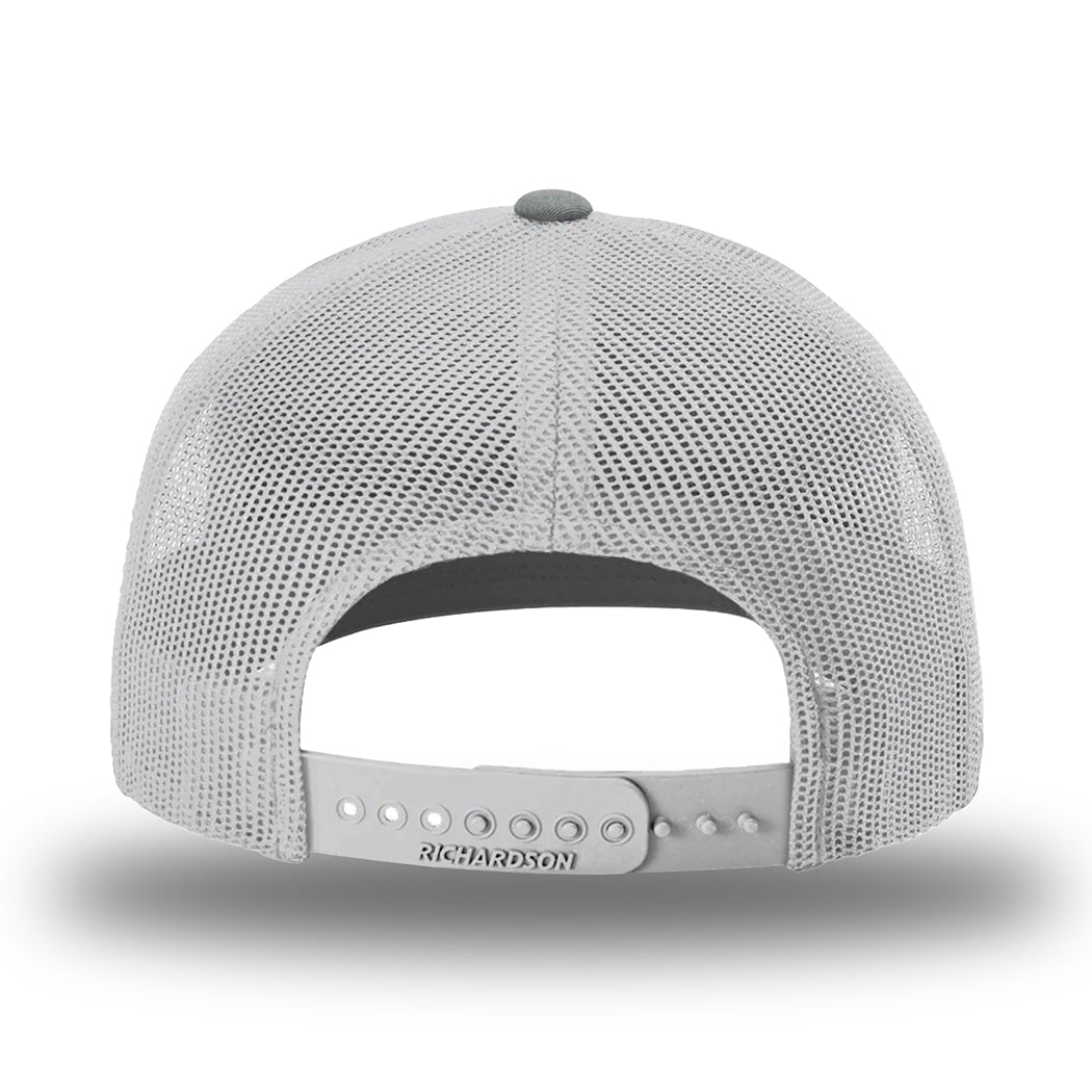 Richardson 112, Retro Trucker Classic Hat style, in light grey mesh back panels and matching grey snapback. Heather Grey button on top.