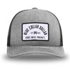 Heather Grey/Black WeWorkin hat—Richardson 112 brand snapback, retro trucker classic hat style. BLUE COLLAR DOLLAR ARCH (BCD-ARCH) woven patch with black merrowed edge, on a white background with black text, is centered on the front panels.