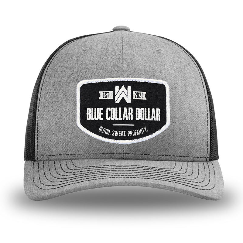Heather Grey/Black WeWorkin hat—Richardson 112 brand snapback, retro trucker classic hat style. WeWorkin "Blue Collar Dollar" curve-bottom patch is centered large on the front panels.