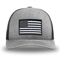 Heather Grey/Black WeWorkin hat—Richardson 112 brand snapback, retro trucker classic hat style. AMERICAN FLAG woven patch with black merrowed edge is centered on the front panels.