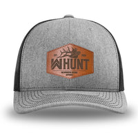 Heather Grey/Black WeWorkin hat—Richardson 112 brand snapback, retro trucker classic hat style. WeWorkin "WW HUNT" etched leather patch with stitched border is centered on the front panels.