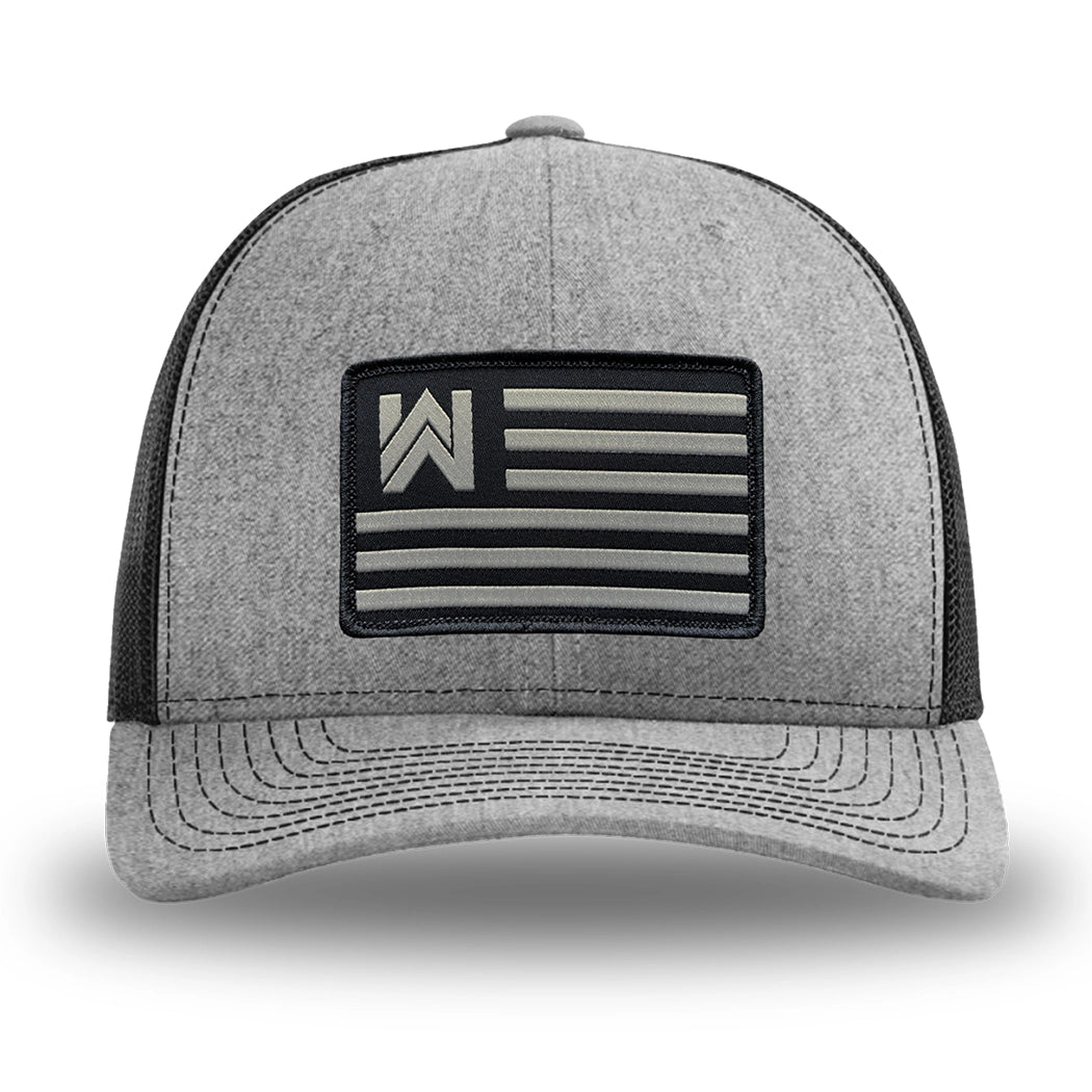 Heather Grey/Black WeWorkin hat—Richardson 112 brand snapback, retro trucker classic hat style. WE WORKIN FLAG woven patch with black merrowed edge is centered on the front panels.