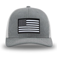 Heather Grey front panels/brim and Light Grey side/back mesh panels for this two-tone WeWorkin hat—Richardson 112 brand snapback, retro trucker style. WeWorkin "American Flag" rectangular patch is centered on the front panels.