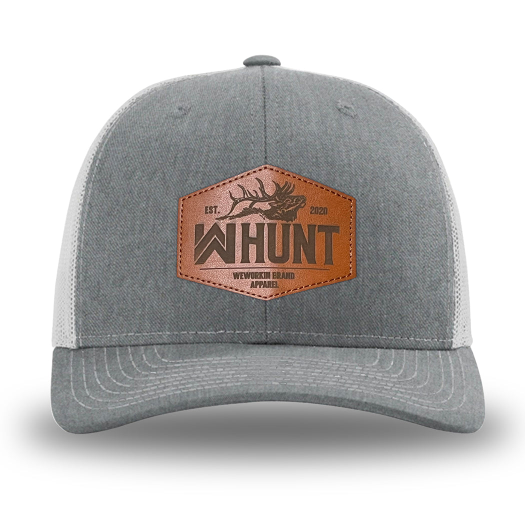Heather Grey front panels/brim and Light Grey side/back mesh panels for this two-tone WeWorkin hat—Richardson 112 brand snapback, retro trucker style. WeWorkin "WW HUNT" etched leather patch with stitched border is centered on the front panels.