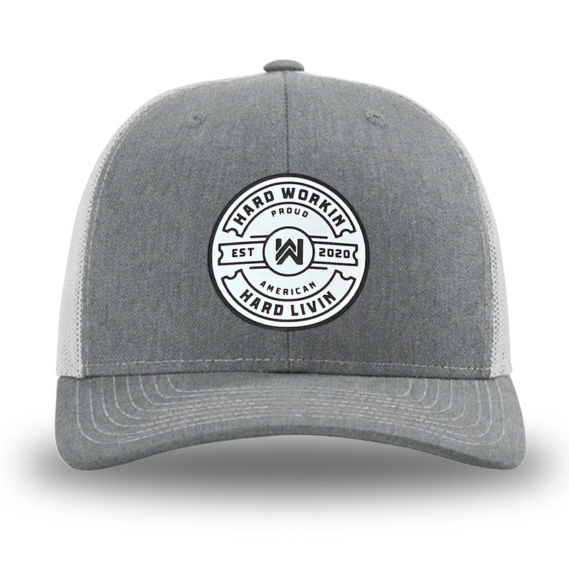 Heather Grey front panels/brim and Light Grey side/back mesh panels for this two-tone WeWorkin hat—Richardson 112 brand snapback, retro trucker style. WeWorkin "Hard Workin. Hard Livin. Proud American." circular PVC patch is centered on the front panels.
