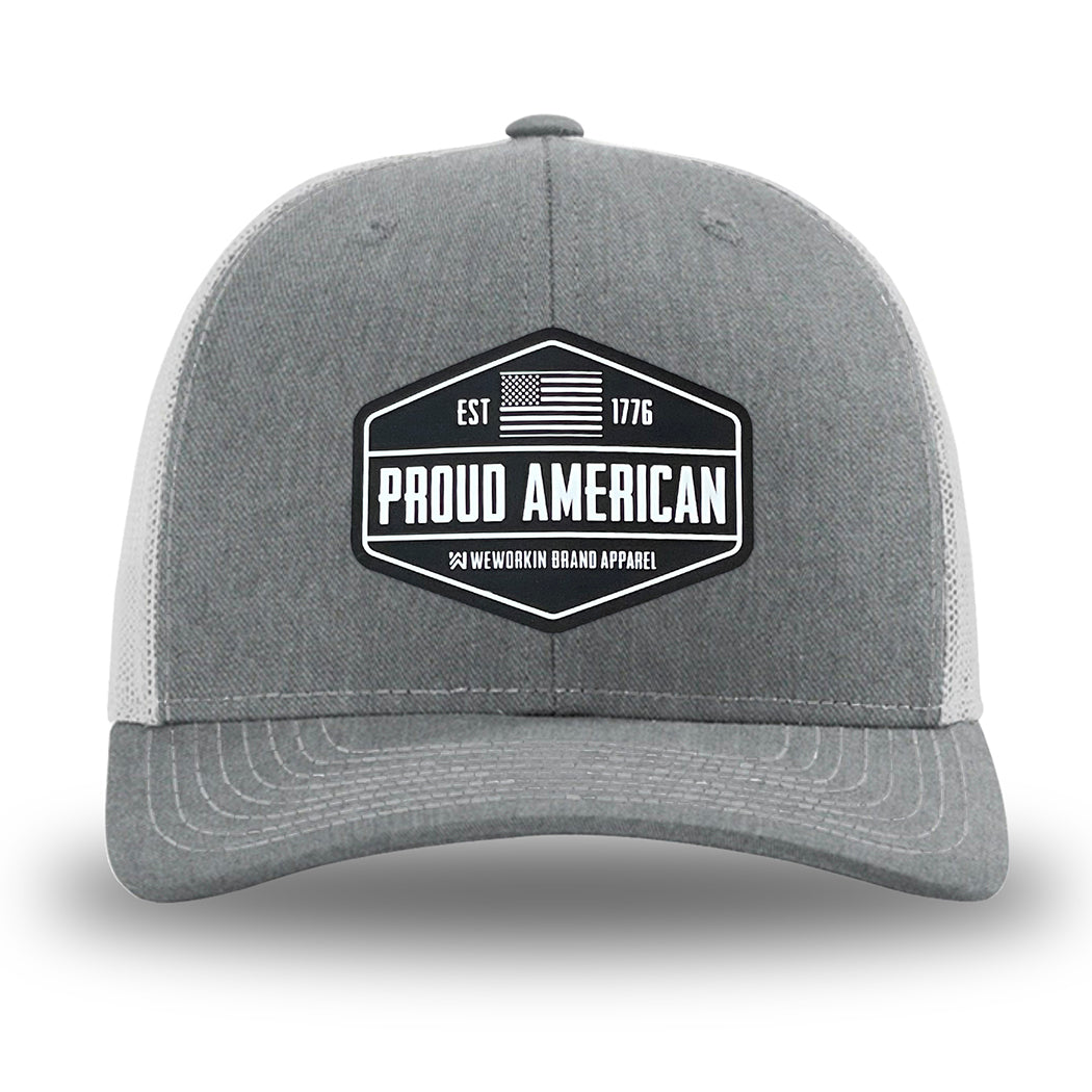 Heather Grey front panels/brim and Light Grey side/back mesh panels for this two-tone WeWorkin hat—Richardson 112 brand snapback, retro trucker style. WeWorkin "PROUD AMERICAN" PVC patch is centered on the front panels.