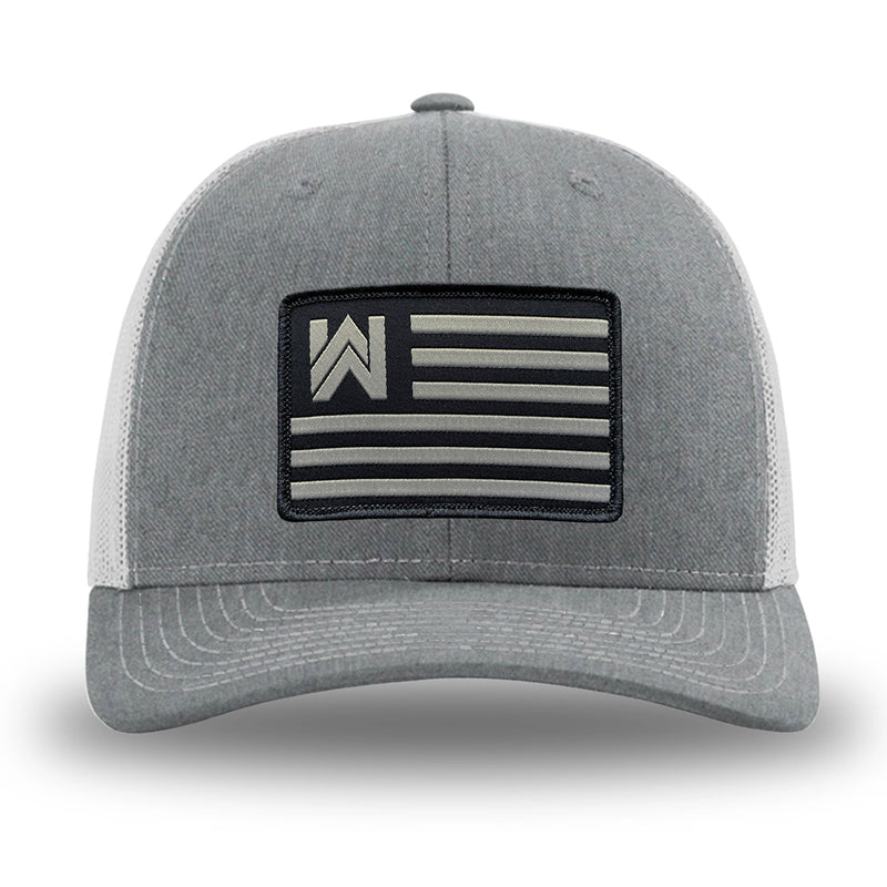 Heather Grey front panels/brim and Light Grey side/back mesh panels for this two-tone WeWorkin hat—Richardson 112 brand snapback, retro trucker style. We Workin Flag rectangular patch is centered on the front panels.