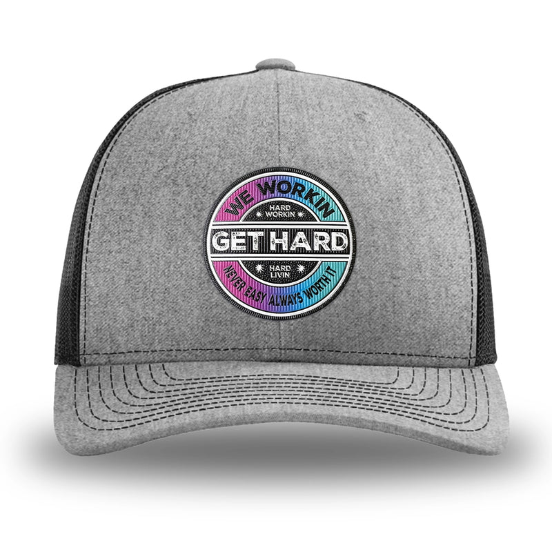 Heather Grey/Black WeWorkin hat—Richardson 112 brand snapback, retro trucker classic hat style. WE WORKIN custom GET HARD patch made of thermoplastic, lightweight, durable material is centered on the front panels.