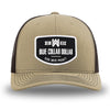 Khaki/Coffee WeWorkin hat—Richardson 112 brand snapback, retro trucker classic hat style. WeWorkin "Blue Collar Dollar" curve-bottom patch is centered large on the front panels.
