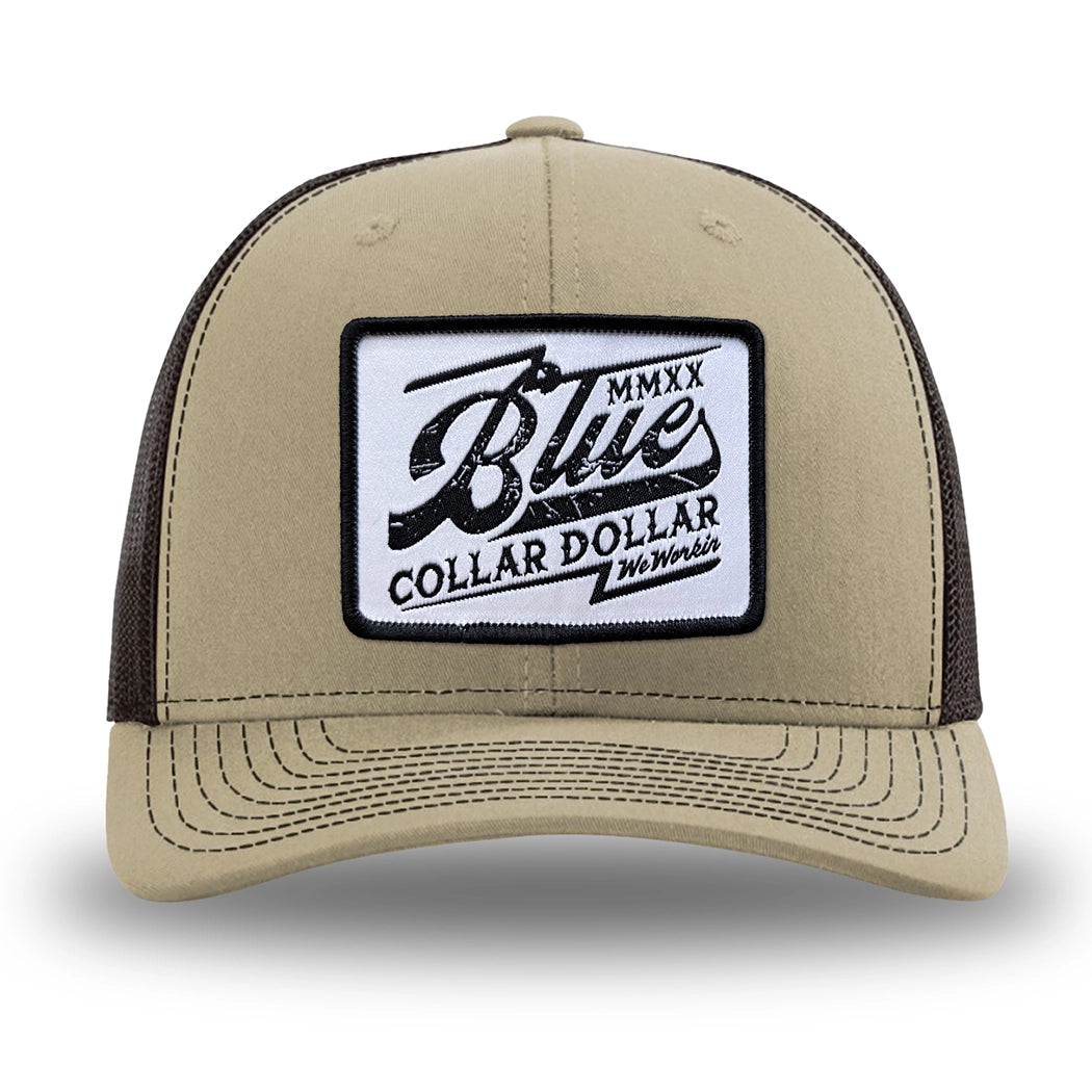 Khaki/Coffee WeWorkin hat—Richardson 112 brand snapback, retro trucker classic hat style. BLUE COLLAR DOLLAR VINTAGE (BCD-V) woven patch with black merrowed edge, on a white background with black, distressed text/design, centered on the front panels.