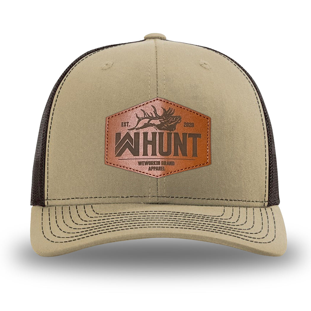 Khaki/Coffee WeWorkin hat—Richardson 112 brand snapback, retro trucker classic hat style. WeWorkin "WW HUNT" etched leather patch with stitched border is centered on the front panels.